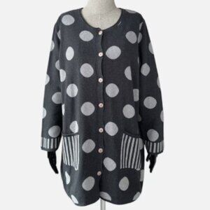 Gudrun Sjoden Long Cardigan Gray White Button Polka Dot